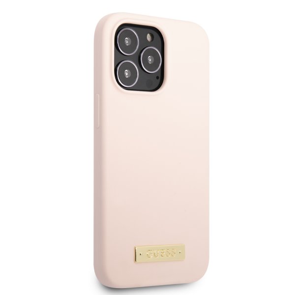 Guess iPhone 13 Pro Cover Silikone Metalplade MagSafe Rosa