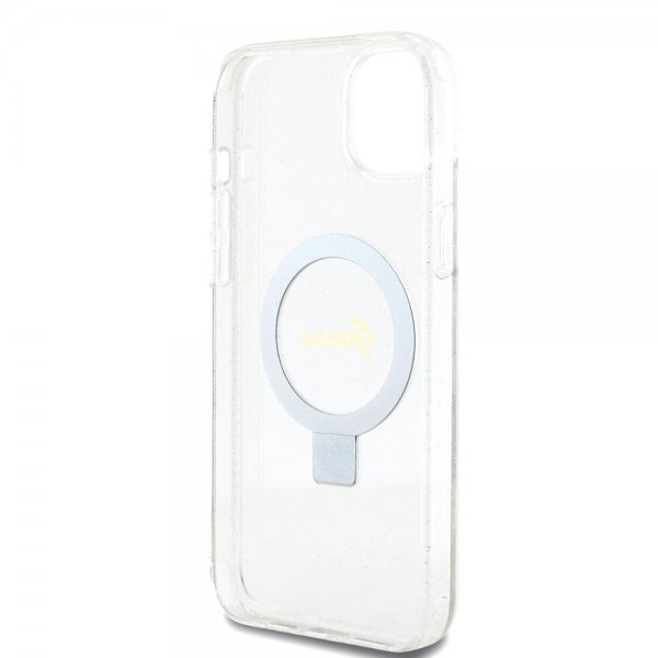 Guess iPhone 15 Plus Cover Ring Stand Glitter MagSafe Transparent