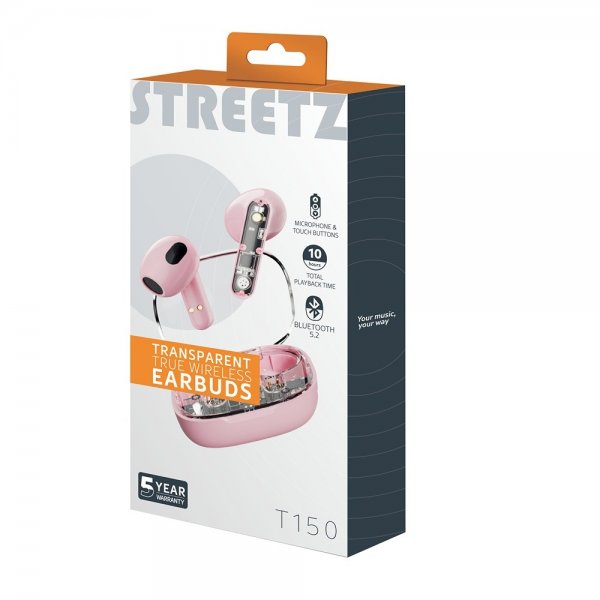 Streetz Hovedtelefoner T150 Transparent True Wireless Earbuds Rosa