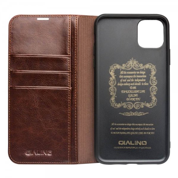 Qialino iPhone 11 Cover Ægte Læder Kortlomme Brun