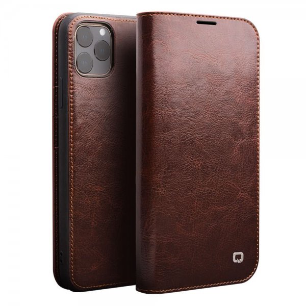 Qialino iPhone 11 Pro Max Etui Ægte Læder Kortlomme Brun