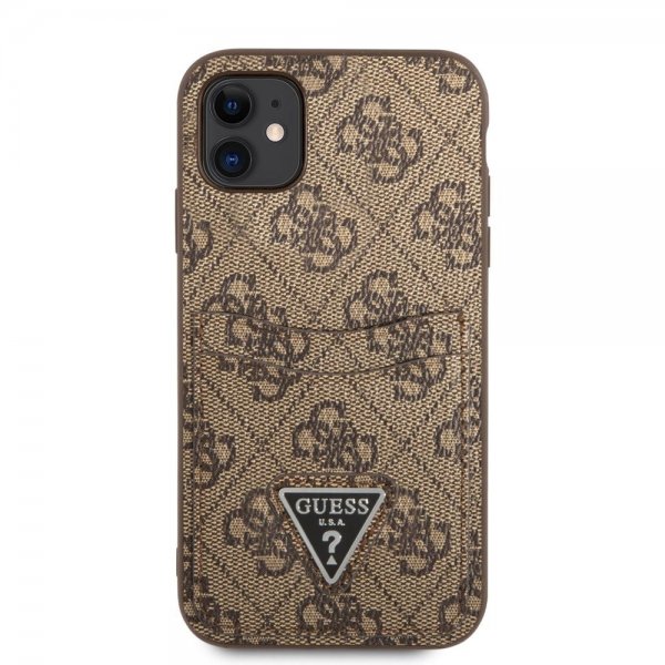Guess iPhone 11 Cover Double Cardslot Metal Triangle Brun