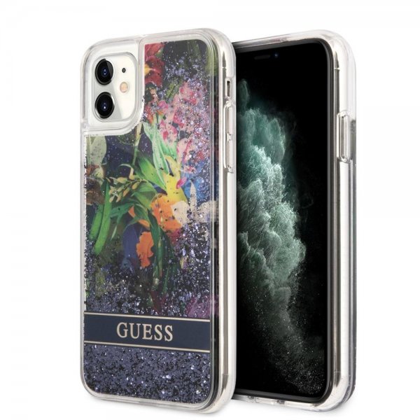Guess iPhone 11 Cover Liquid Glitter Blomstermønster Blå