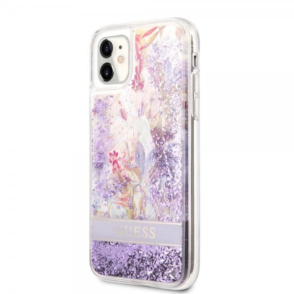 Guess iPhone 11 Cover Liquid Glitter Flower Pattern Lilla