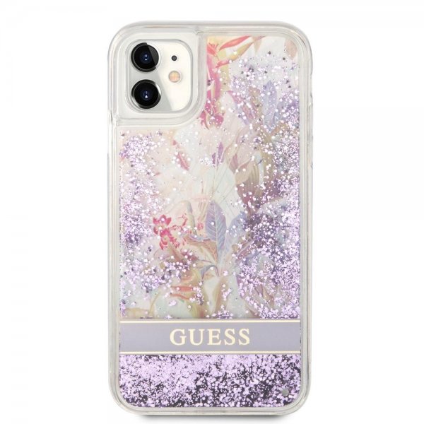 Guess iPhone 11 Cover Liquid Glitter Flower Pattern Lilla