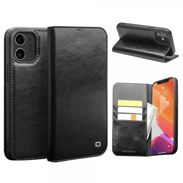 Qialino iPhone 12/iPhone 12 Pro Etui Ægte Læder Sort