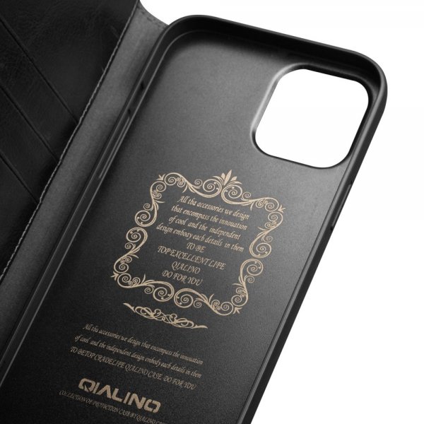 Qialino iPhone 12/iPhone 12 Pro Etui Ægte Læder Sort