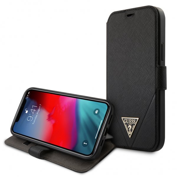 Guess iPhone 12/iPhone 12 Pro Etui Gold Triangle Saffiano Sort
