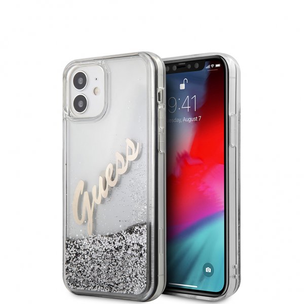 Guess iPhone 12 Mini Cover Liquid Glitter Vintage Silver