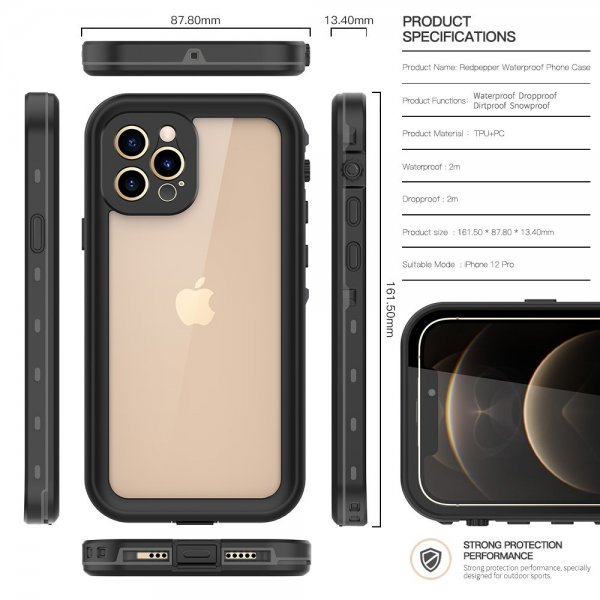 Redpepper iPhone 12 Pro Cover Vandtæt IP68 Sort