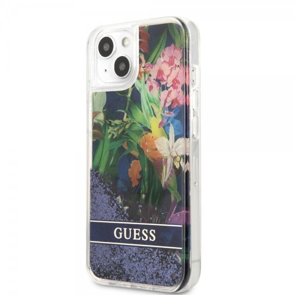 Guess iPhone 13 Mini Cover Liquid Glitter Flower Pattern Blå