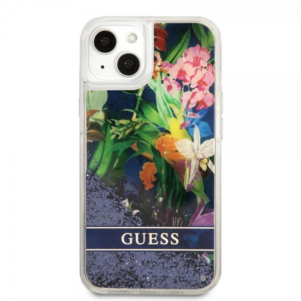 Guess iPhone 13 Mini Cover Liquid Glitter Flower Pattern Blå