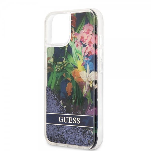 Guess iPhone 13 Mini Cover Liquid Glitter Flower Pattern Blå