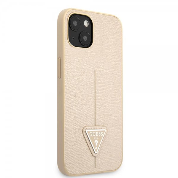 Guess iPhone 13 Mini Cover Saffiano Metal Triangle Beige