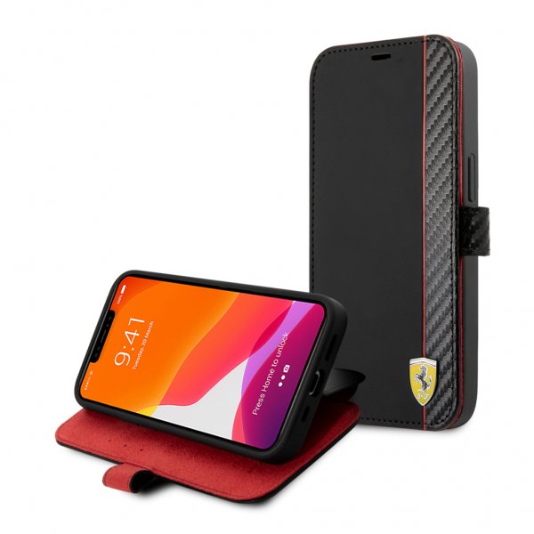 Ferrari iPhone 13 Pro Cover Carbon Effect Metal Logo Vertical Stripe Sort