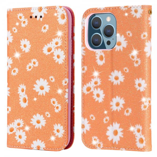 iPhone 13 Pro Cover Glitter Blomstermønster Orange