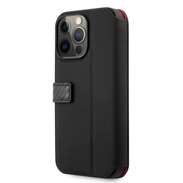 Ferrari iPhone 13 Pro Max Cover Carbon Effect Metal Logo Vertical Stripe Sort
