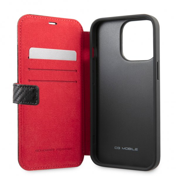 Ferrari iPhone 13 Pro Max Cover Carbon Effect Metal Logo Vertical Stripe Sort