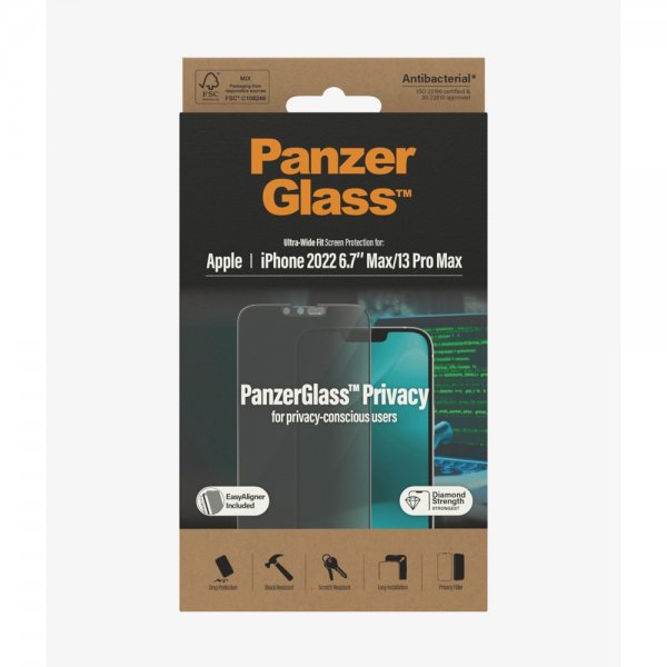 PanzerGlass iPhone 13 Pro Max/iPhone 14 Plus Skærmbeskyttelse Ultra-Wide Fit Privacy EasyAligner