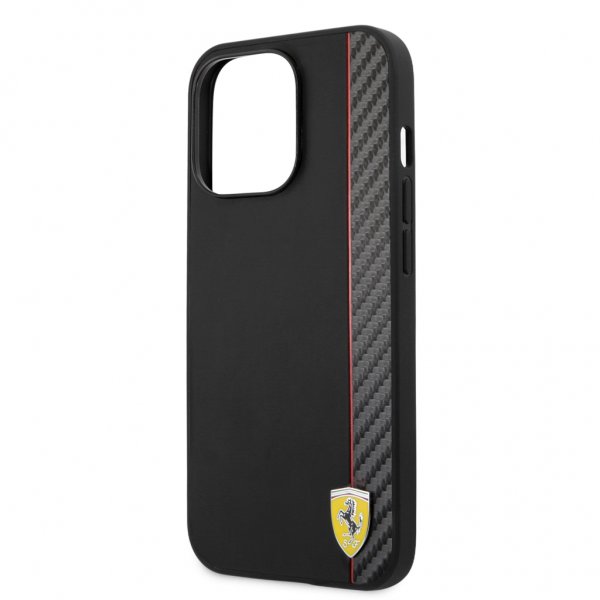 Ferrari iPhone 13 Pro Max Cover Carbon Effect Metal Logo Vertical Stripe Sort