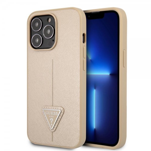 Guess iPhone 13 Pro Max Cover Saffiano Metal Triangle Beige