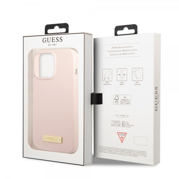 Guess iPhone 13 Pro Max Cover Silicone Metal Plate MagSafe Rosa