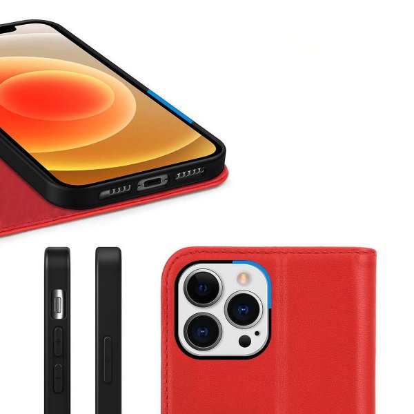 Rvelon iPhone 13 Pro Futteral Ægte læder Kortlomme Rød