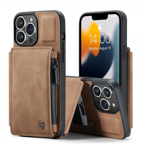 CaseMe iPhone 13 Pro Cover C20 Kortlomme Lynlås Brun