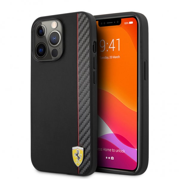 Ferrari iPhone 13 Pro Cover Carbon Effect Metal Logo Vertikal Stribe Sort