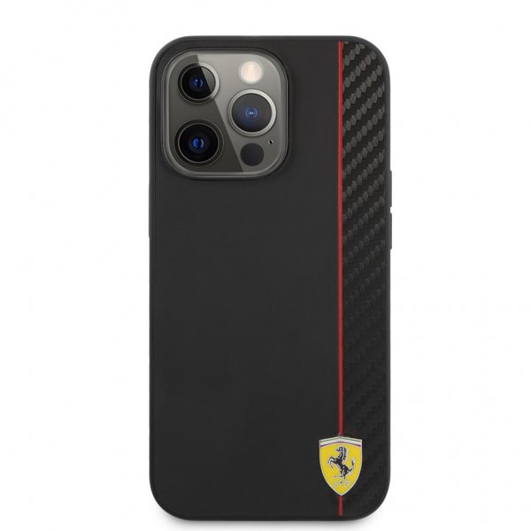Ferrari iPhone 13 Pro Cover Carbon Effect Metal Logo Vertikal Stribe Sort
