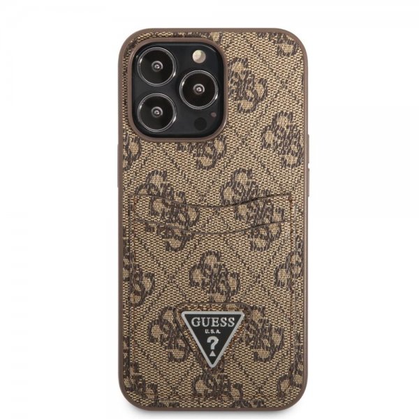Guess iPhone 13 Pro Cover Double Cardslot Metal Triangle Brun