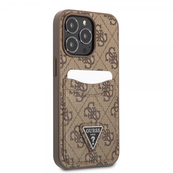 Guess iPhone 13 Pro Cover Double Cardslot Metal Triangle Brun