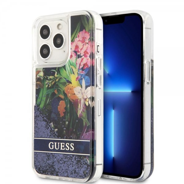 Guess iPhone 13 Pro Cover Liquid Glitter Flower Pattern Blå