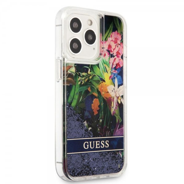Guess iPhone 13 Pro Cover Liquid Glitter Flower Pattern Blå
