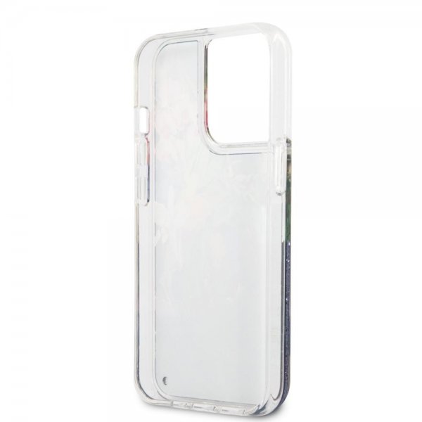 Guess iPhone 13 Pro Cover Liquid Glitter Flower Pattern Blå