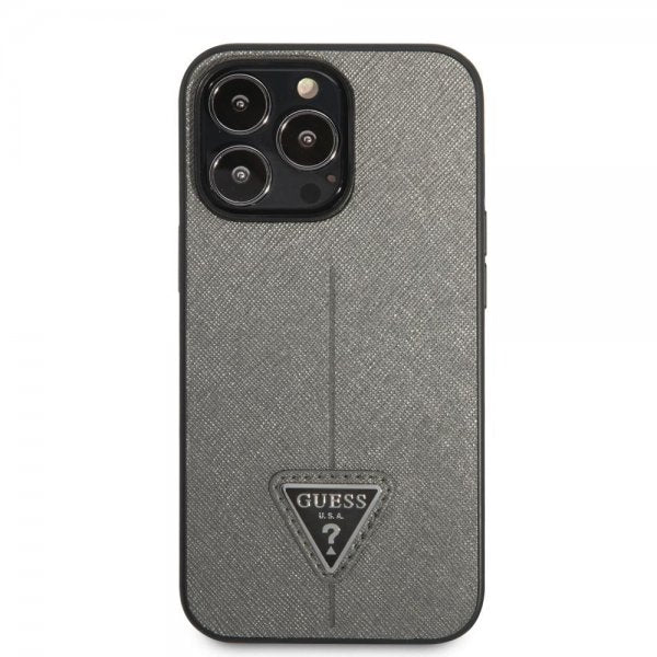 Guess iPhone 13 Pro Cover Saffiano Metal Triangle Silver