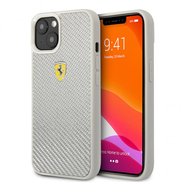 Ferrari iPhone 13 Cover Ægte Carbon Metal Logo Sølv