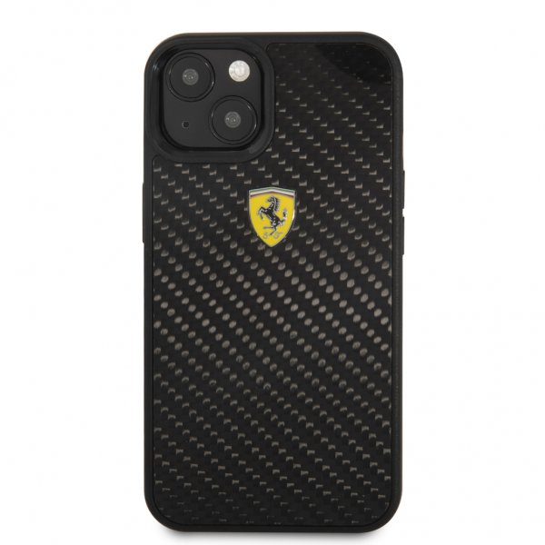 Ferrari iPhone 13 Cover Ægte Carbon Metal Logo Sort