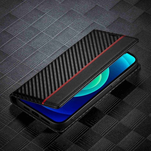 Lc.Imeeke iPhone 14 Plus Cover Kulfibertekstur Rød Stribe Vertikal