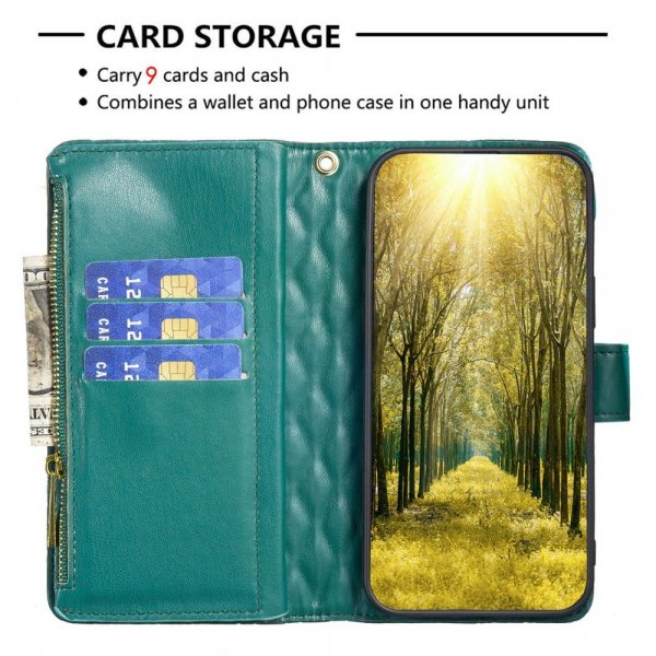 iPhone 14 Plus Cover Rhombusmønster Lynlås Grøn
