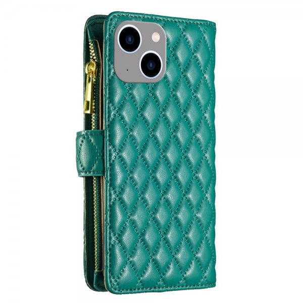 iPhone 14 Plus Cover Rhombusmønster Lynlås Grøn