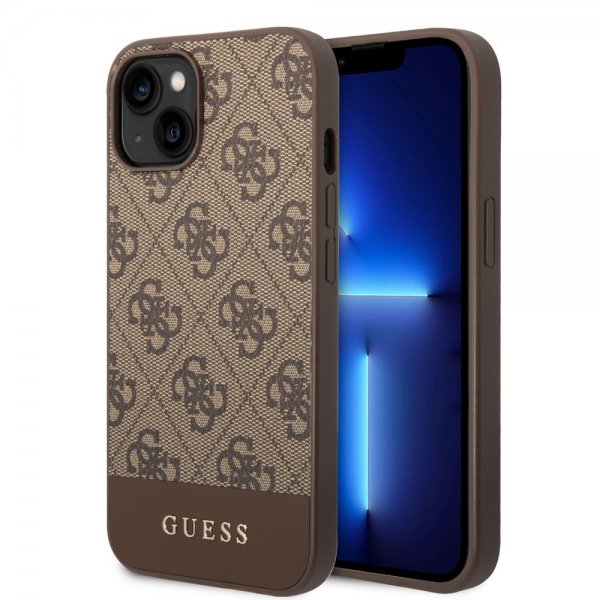 Guess iPhone 14 Plus Cover Bottom Stripe Metal Logo Brun