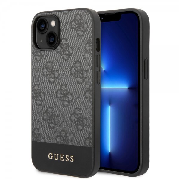 Guess iPhone 14 Plus Cover Bottom Stripe Metal Logo Grå
