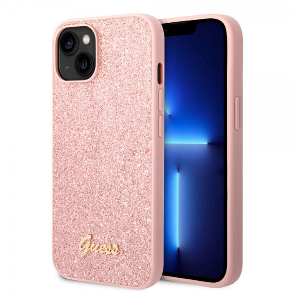 Guess iPhone 14 Plus Cover Glitter Flakes Metal Logo Rosa