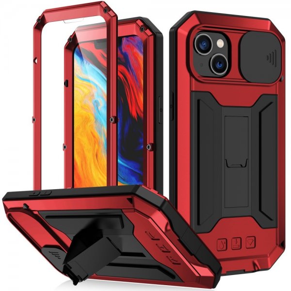 R-JUST iPhone 14 Plus Cover Kamerabeskyttelse Stativfunktion Rød