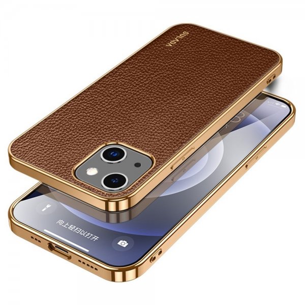 Sulada iPhone 14 Plus Cover Litchimønster Forgyldt Kant Brun