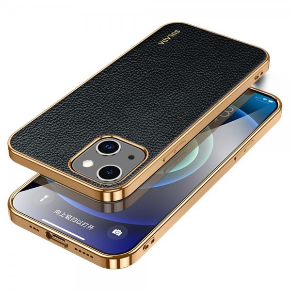 Sulada iPhone 14 Plus Cover Litchi Mønster Belagt Kant Sort