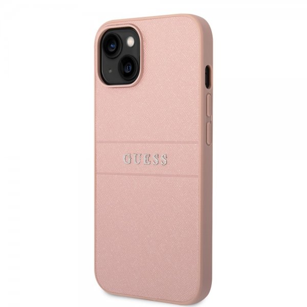 Guess iPhone 14 Plus Cover Saffiano Metal Logo Stripes Rosa