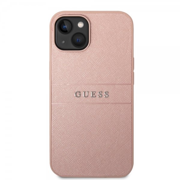 Guess iPhone 14 Plus Cover Saffiano Metal Logo Stripes Rosa