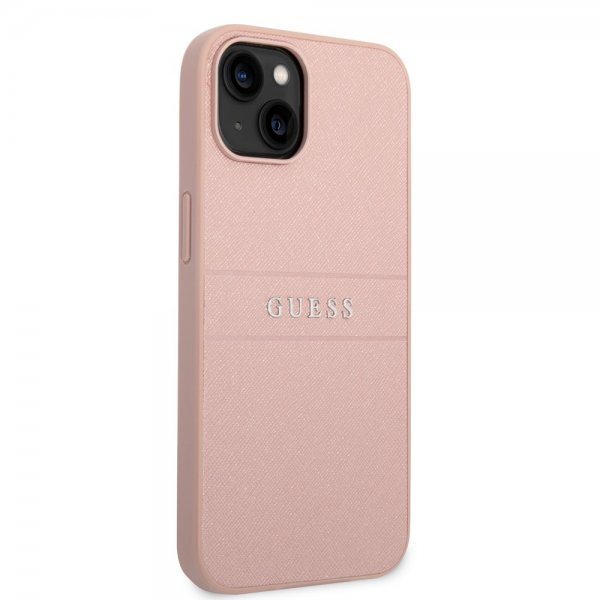 Guess iPhone 14 Plus Cover Saffiano Metal Logo Stripes Rosa